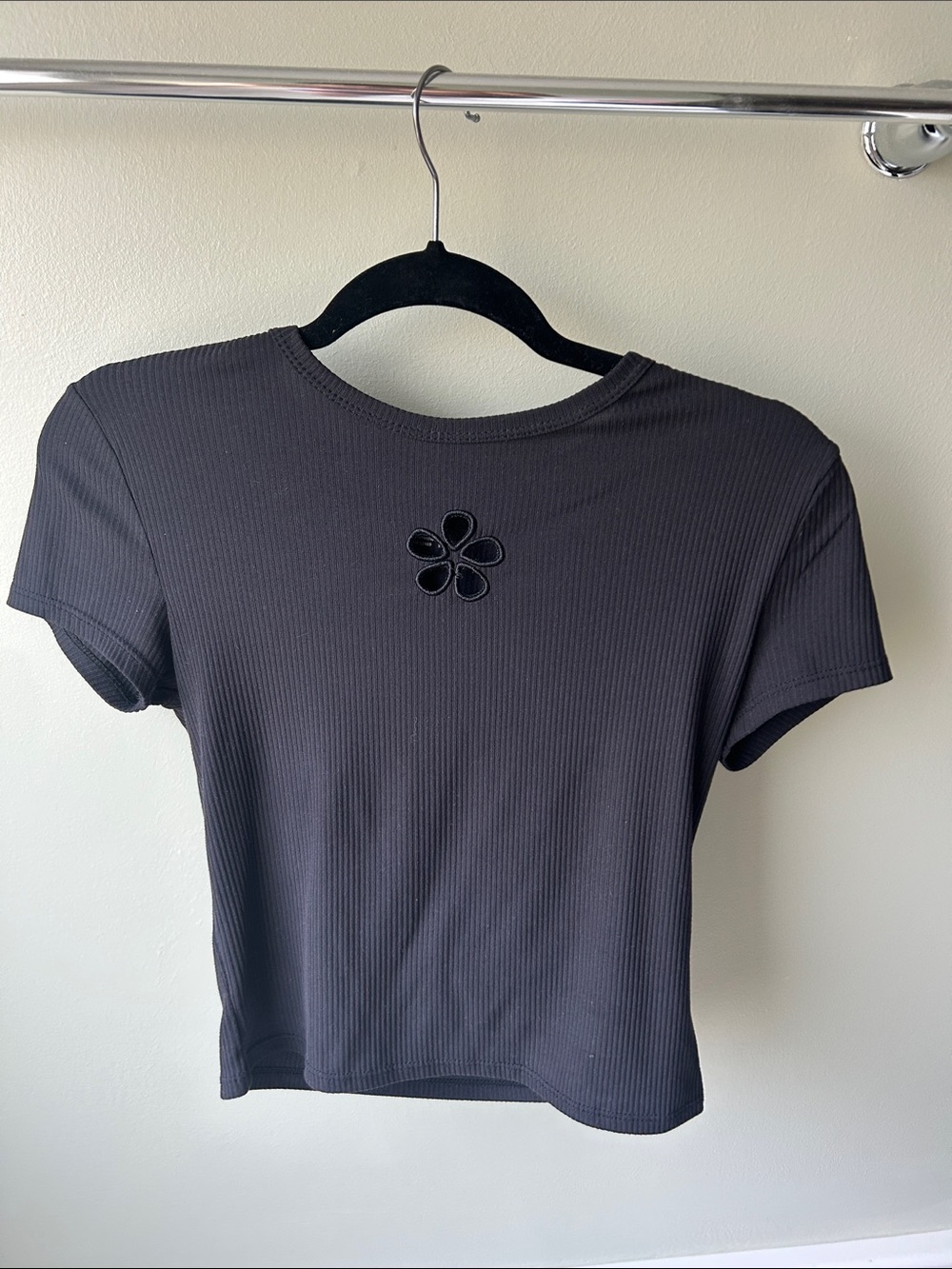 No Boundaries Black Ribbed Crop Top with Floral Applique